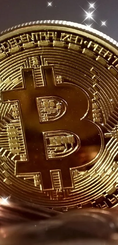 Gold Bitcoin on a stack of coins mobile wallpaper.