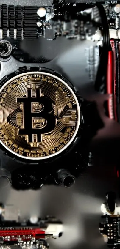 Gold Bitcoin on a motherboard with red accents for a tech vibe.