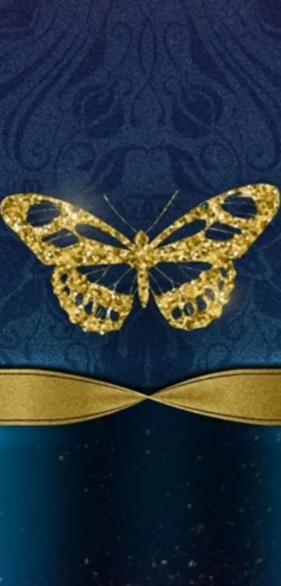 Elegant blue wallpaper with a gold butterfly accent.