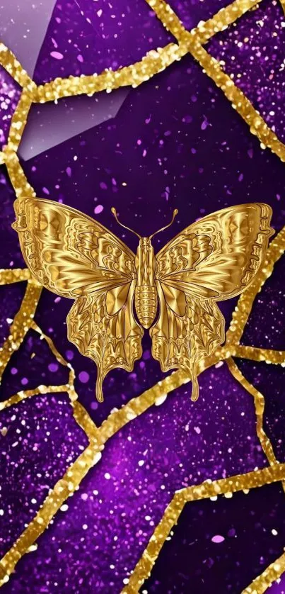 Gold butterfly on purple crystal with glitter.