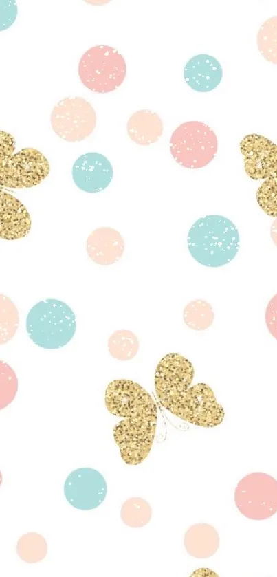 Gold butterflies and pastel polka dots on white background.