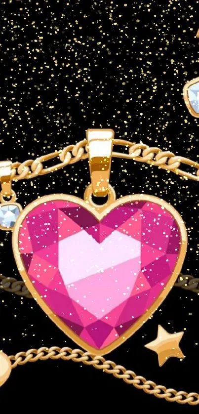 Gold chains and gemstone heart mobile wallpaper with star accents.