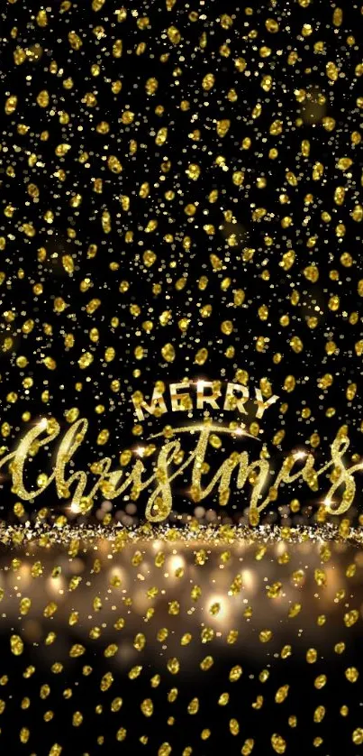 Elegant gold Christmas wallpaper with sparkling text and festive pattern.