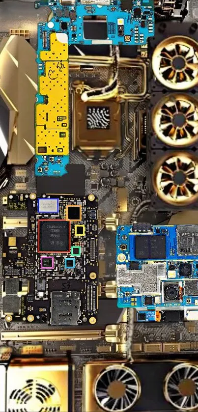 Gold and blue technology-themed mobile wallpaper featuring intricate circuitry design.