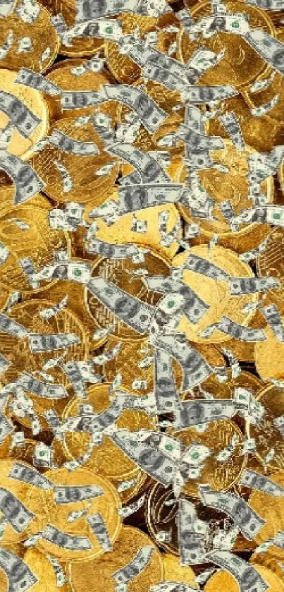 Vibrant wallpaper with gold coins and dollar bills scattered.