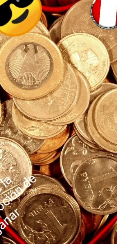 Close-up of shiny gold coins with a sunglasses emoji and flag detail on a mobile wallpaper.