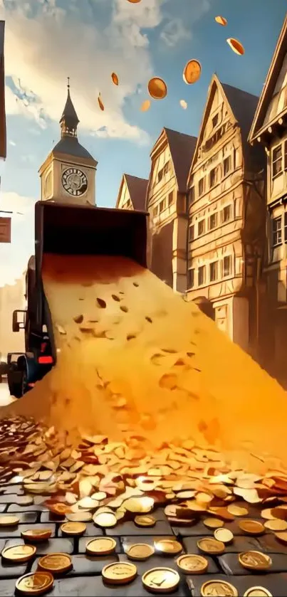 Gold coins pouring in a market street scene with historic buildings.