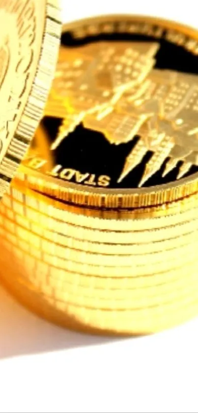 A stack of shiny gold coins with intricate designs.