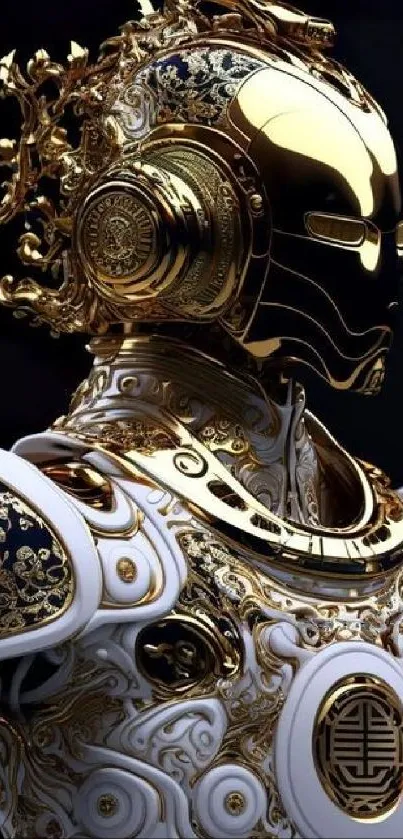 Futuristic gold armor with intricate designs on a sleek backdrop.