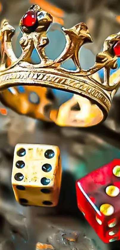 Gold crown with vibrant dice art wallpaper.