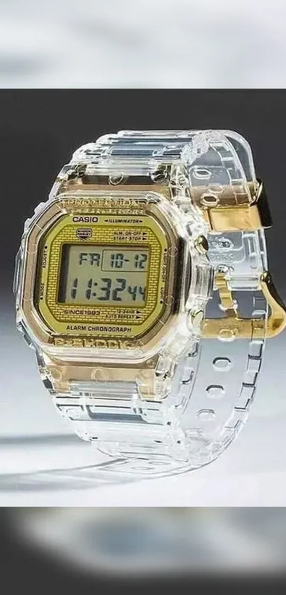 Transparent digital watch with gold accents, set on a sleek surface.