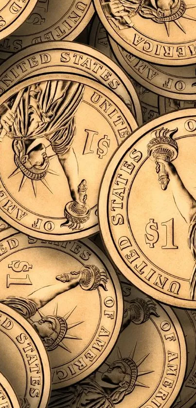 Mobile wallpaper featuring a stack of gold dollar coins with detailed engravings.