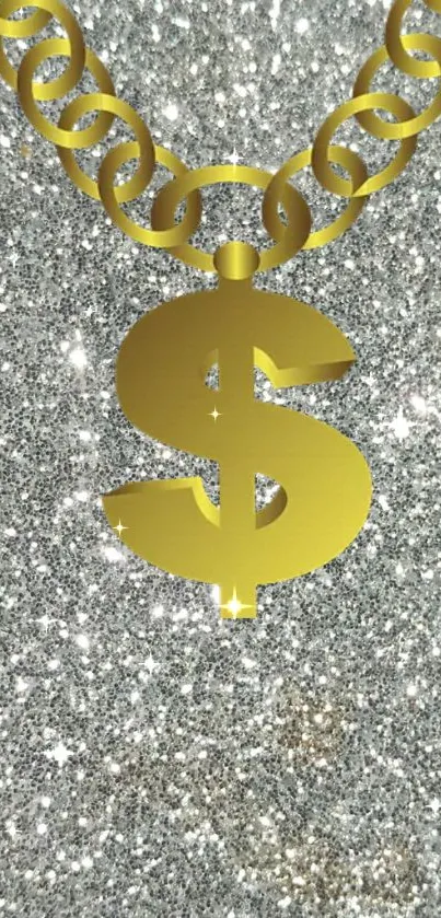 Gold dollar sign necklace on silver glitter