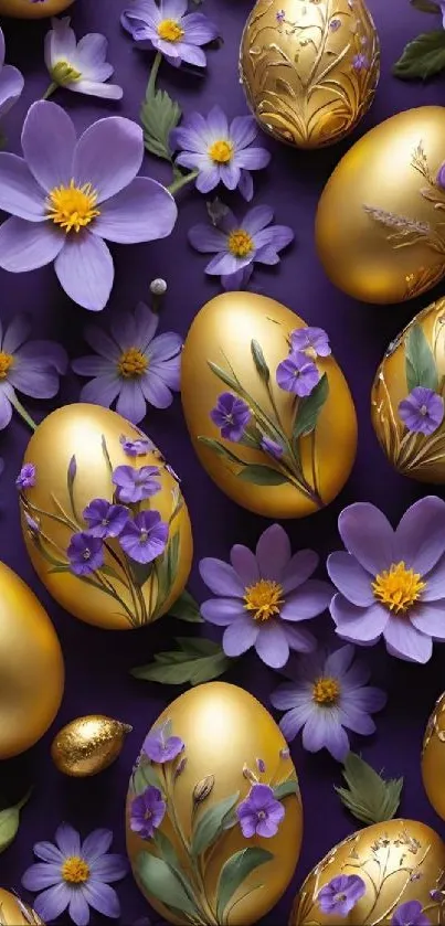 Golden eggs surrounded by purple flowers on a vibrant background.