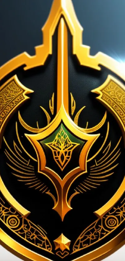 Golden emblem with intricate designs on a dark mobile wallpaper.