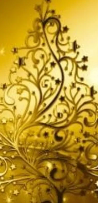 Intricate gold Christmas tree wallpaper for festive holiday spirit.