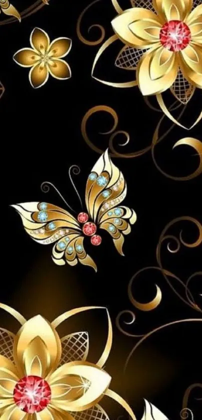 Elegant gold floral and butterfly design on a black mobile wallpaper.