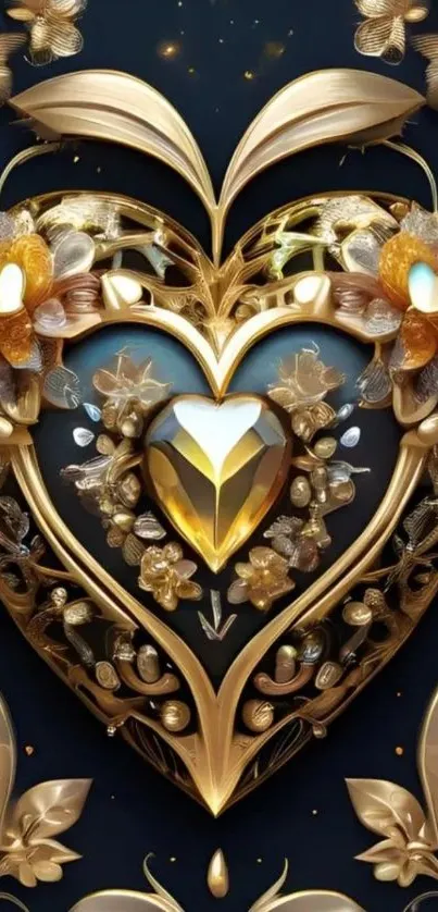 Luxurious gold heart with floral design wallpaper.