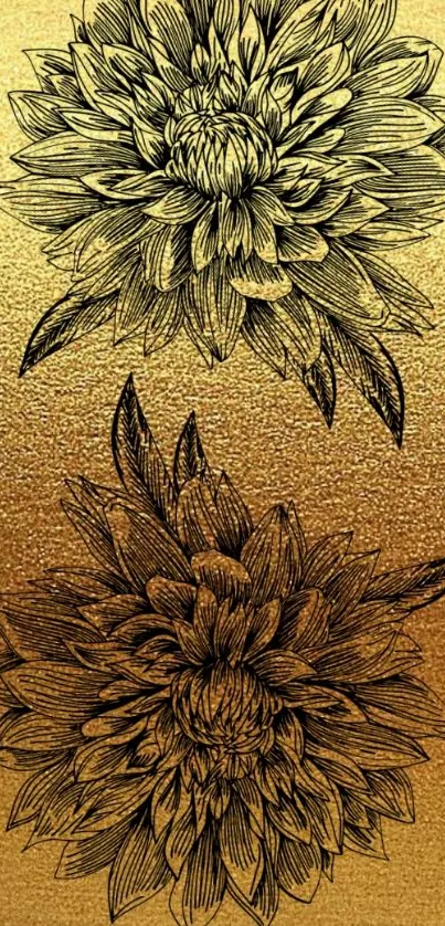 Gold wallpaper with detailed floral illustrations.