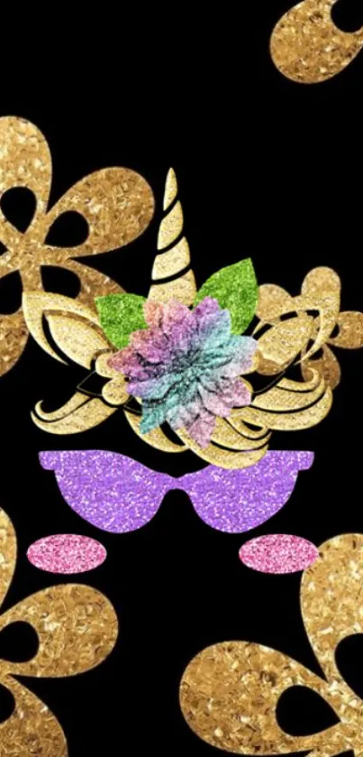 Colorful gold unicorn wallpaper with floral design on black background.