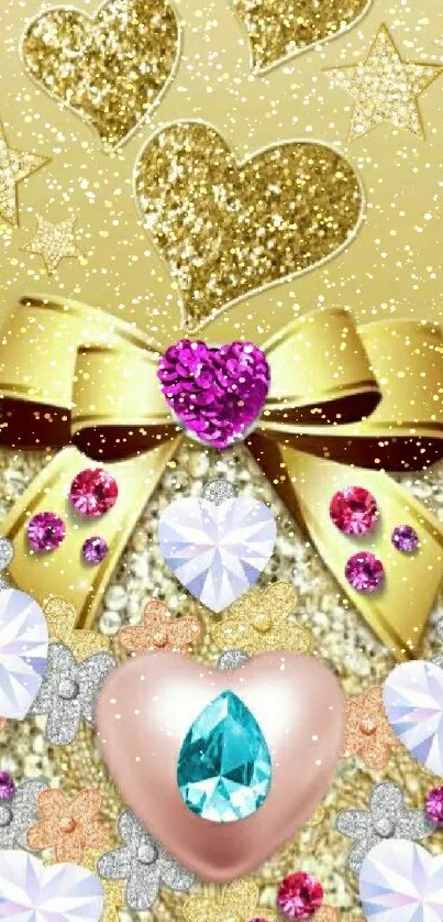 Gold glitter hearts and stars with a decorative bow.