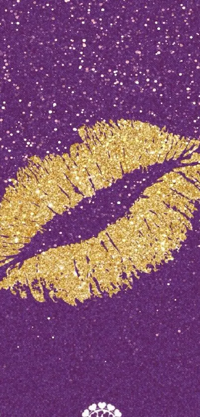 Purple wallpaper with gold glitter lips and lace detail.