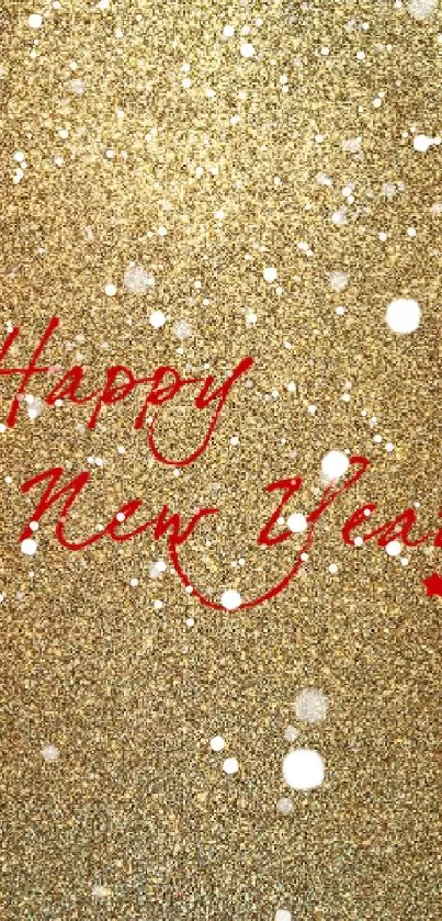 Gold glitter wallpaper with 'Happy New Year' in red script.