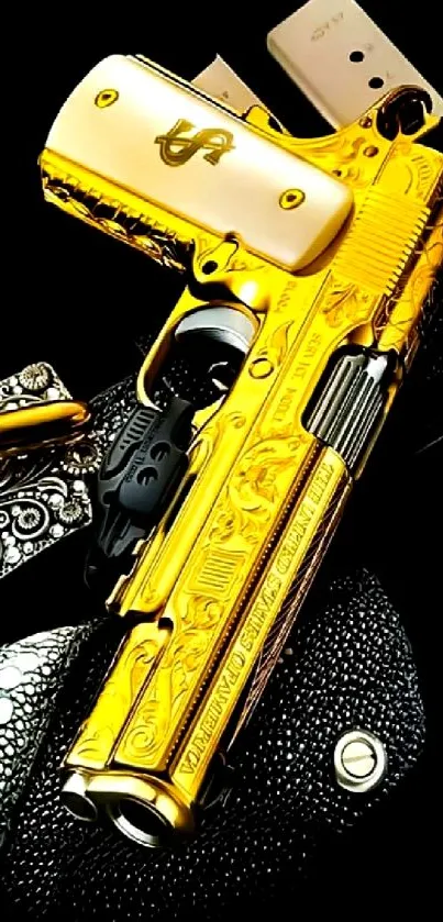 Luxurious gold handgun with intricate details on black background.