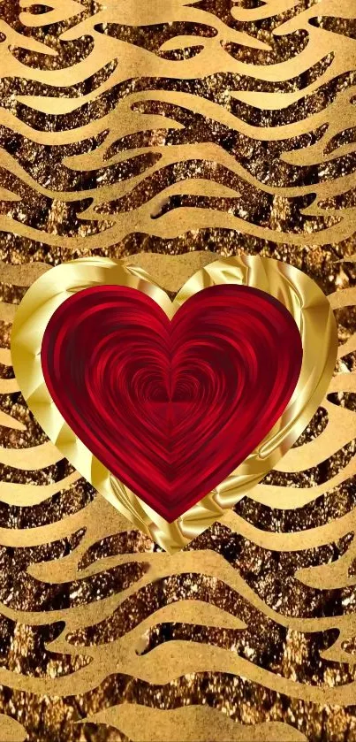 Abstract wallpaper with red heart and gold waves pattern.