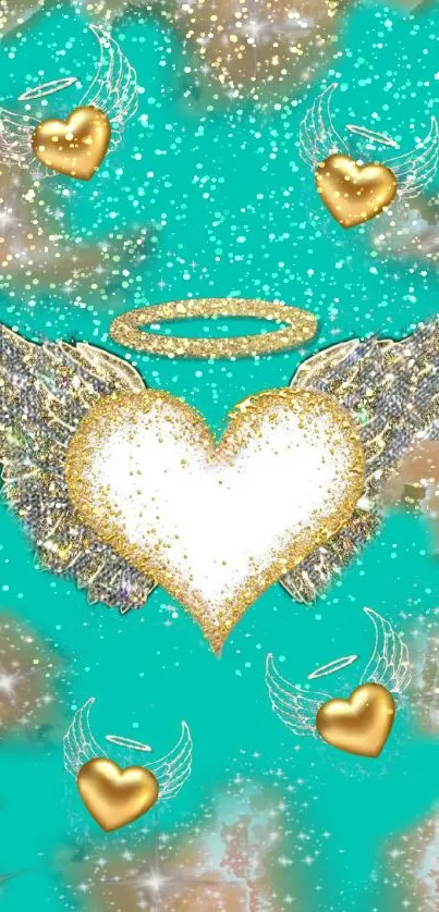 Gold heart with angel wings on teal background mobile wallpaper.