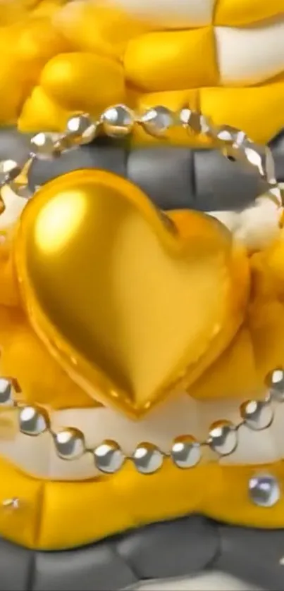 Gold heart with silver beads on colorful texture.