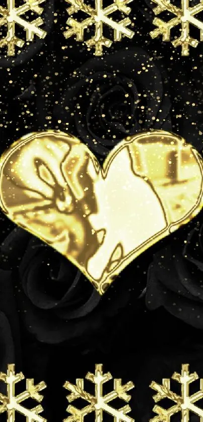 Gold heart with black roses background wallpaper.