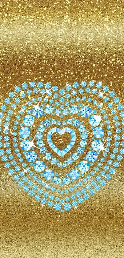 Heart pattern with blue gems on a gold textured background.