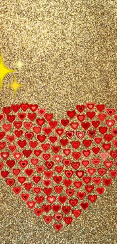 Red heart on a glittery gold background with sparkling effect.