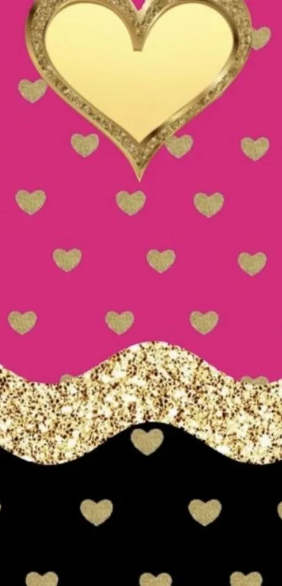 Pink and black wallpaper with gold heart accents.