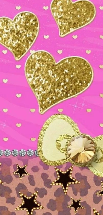 Mobile wallpaper with gold glitter hearts on a pink background.