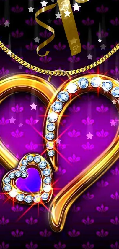 Gold heart necklace with diamonds on purple background.