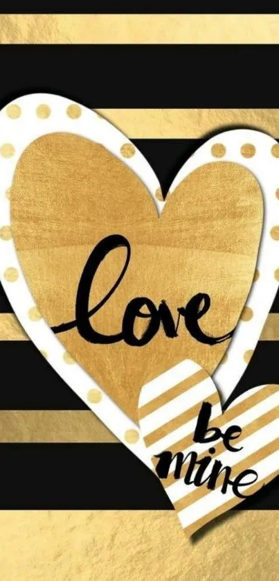 Gold hearts and stripes love-themed wallpaper.