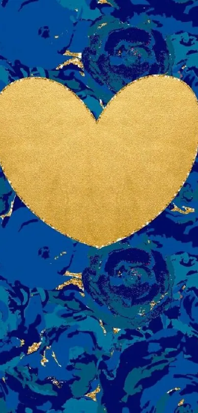 Gold heart on vibrant blue floral background.