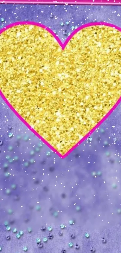 Gold glitter heart on a purple shimmering background wallpaper.