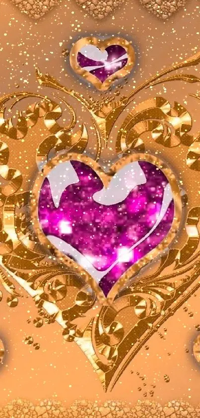 Golden heart with pink gems mobile wallpaper.