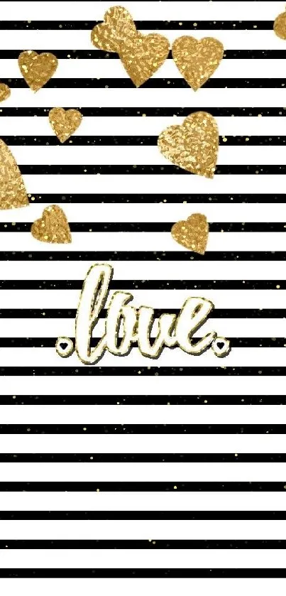 Gold hearts and stripes wallpaper with love text.