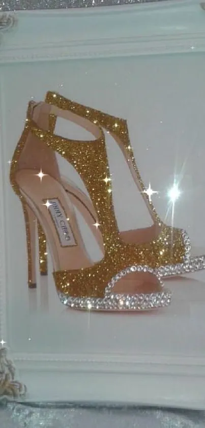 Gold glitter heels in an elegant white frame on a sparkling background.