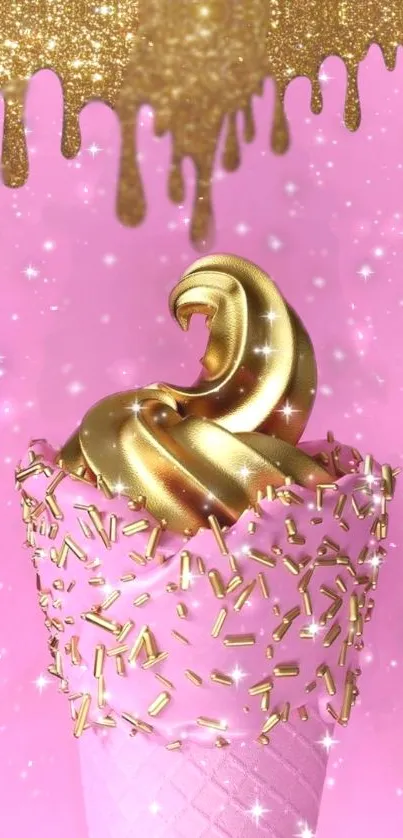 Gold swirl ice cream cone on a pink glittering background.