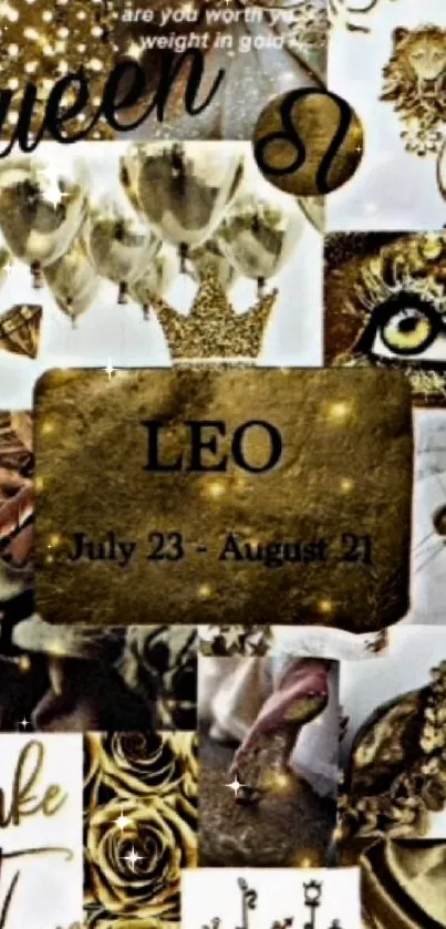 Gold-themed Leo zodiac collage wallpaper, regal and artistic design.