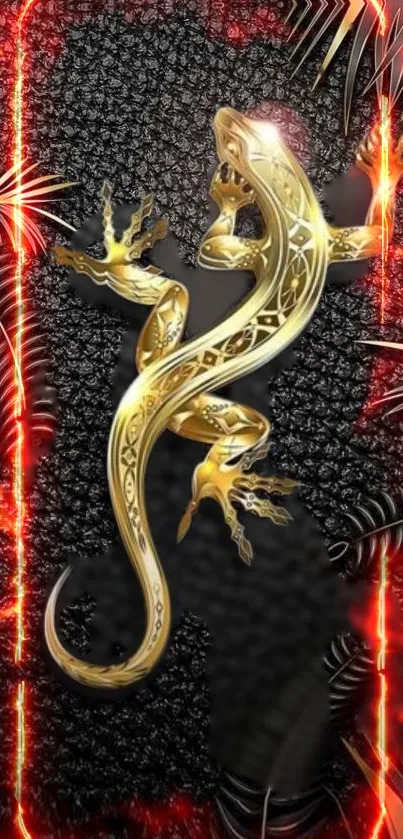 Gold lizard on fiery lava textured wallpaper with exotic design.