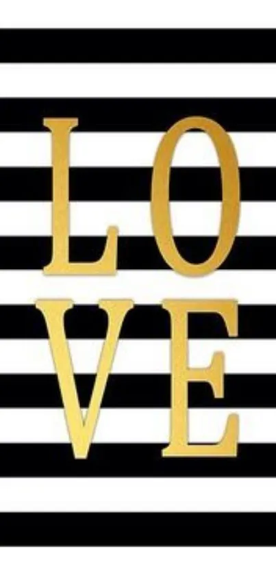 Gold 'LOVE' on black and white striped wallpaper.