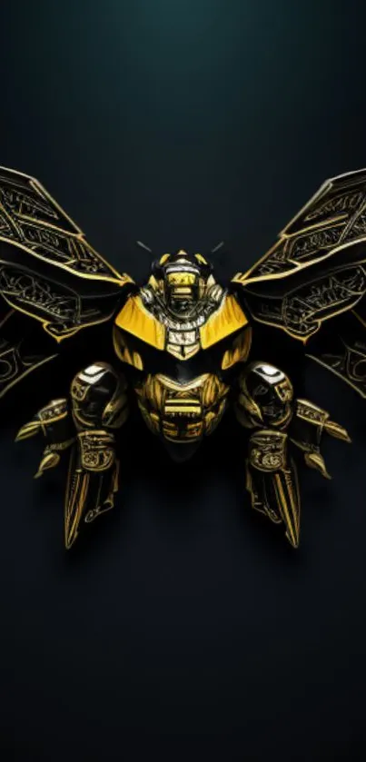 Gold mechanical bee design on dark background, mobile wallpaper.