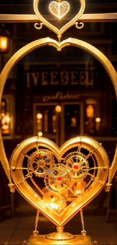 Intricate golden mechanical heart design with warm lighting and elegant details.