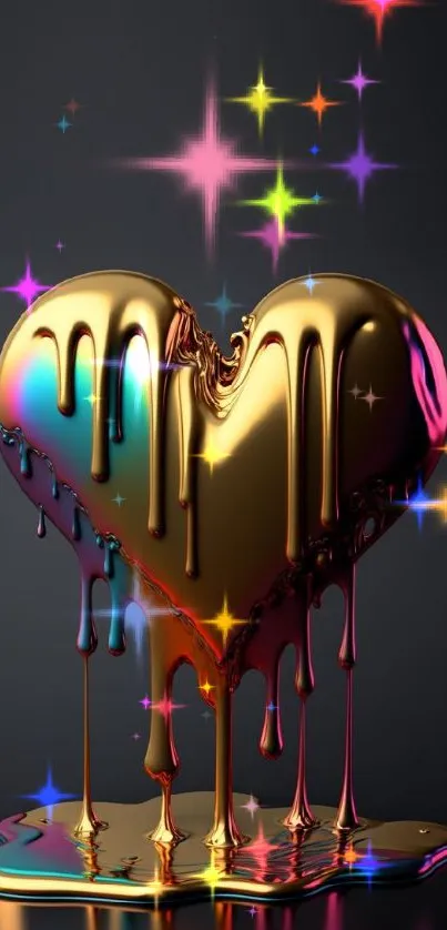 Liquid gold heart with vibrant accents on a dark background.